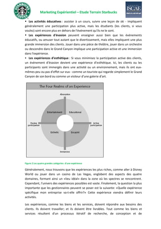 Marketing Expérientiel – Etude Terrain Starbucks
▪ Les activités éducatives : assister à un cours, suivre une leçon de ski - impliquent
généralement une participation plus active, mais les étudiants (les clients, si vous
voulez) sont encore plus en dehors de l’événement qu’ils ne le sont.
▪ Les expériences d'évasion peuvent enseigner aussi bien que les événements
éducatifs, ou amuser tout autant que le divertissement, mais elles impliquent une plus
grande immersion des clients. Jouer dans une pièce de théâtre, jouer dans un orchestre
ou descendre dans le Grand Canyon implique une participation active et une immersion
dans l'expérience.
▪ Les expériences d’esthétique : Si vous minimisez la participation active des clients,
un événement d’évasion devient une expérience d’esthétique. Ici, les clients ou les
participants sont immergés dans une activité ou un environnement, mais ils ont eux-
mêmes peu ou pas d’effet sur eux - comme un touriste qui regarde simplement le Grand
Canyon de son bord ou comme un visiteur d’une galerie d’art.
Figure 2 Les quatre grandes catégories d'une expérience
Généralement, nous trouvons que les expériences les plus riches, comme aller à Disney
World ou jouer dans un casino de Las Vegas, englobent des aspects des quatre
domaines, formant ainsi un «lieu idéal» dans la zone où les spectres se rencontrent.
Cependant, l'univers des expériences possibles est vaste. Finalement, la question la plus
importante que les gestionnaires peuvent se poser est la suivante: «Quelle expérience
spécifique mon entreprise va-t-elle offrir?» Cette expérience viendra définir leurs
activités.
Les expériences, comme les biens et les services, doivent répondre aux besoins des
clients. Ils doivent travailler; et ils doivent être livrables. Tout comme les biens et
services résultent d'un processus itératif de recherche, de conception et de
 