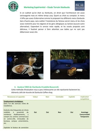Marketing Expérientiel – Etude Terrain Starbucks
Si on oubliait qu’on était au Starbucks, on dirait que l’architecture est assez
extravagante mais en même temps cosy. Quant au choix au comptoir, le menu
n’offre pas assez d’alternative comme le proposent les différents menu Starbucks
dans d’autre pays, sans oublier l’inexistence du fameux secret menu et les choix
assez restreints pour les véganes et les gens allergiques au lactose (aucune autre
alternative). Cependant le service reste rapide, et les snacks proposés sont
délicieux, il faudrait penser à faire attention aux tables qui ne sont pas
débarrasser assez vite.
4. Analyse VRIO de Starbucks Franklin Roosevelt:
Cette méthode d'évaluation nous a paru intéressante car elle représente facilement les
éléments clefs de réussite de Starbucks Coffee-shop.
Ressources et capacités Valeur Rare Inimitable Exploité Implication
compétitive
Emplacement stratégique:
Dans l’un des avenues riches de
Casablanca.
Endroits très fréquentés et à forte
visibilité, à proximité de
nombreux établissements, y
compris les centres commerciaux
en centre-ville, immeubles de
bureaux, campus universitaires,
etc.
Exploiter le facteur de conviction
Oui Oui Non Oui Avantage
Concurrentiel
Temporaire
 