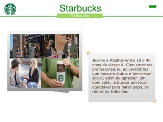 Starbucks
Público Alvo

Jovens e Adultos entre 18 e 40
anos da classe A. Com carreiras
profissionais ou universitários
que buscam status e bem-estar
social, além de apreciar um
bom café, e buscar um local
agradável para bater papo, se
reunir ou trabalhar.

 