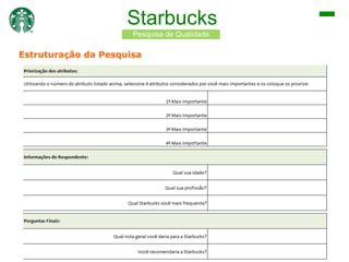 Starbucks
Pesquisa de Qualidade

Estruturação da Pesquisa

 
