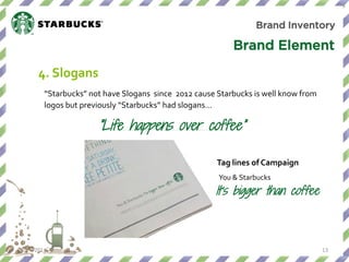 8/26/2014 
13 
“Starbucks” not have Slogans since 2012 cause Starbucks is well know from logos but previously “Starbucks” had slogans… 
Brand Inventory 
Brand Element 
4. Slogans 
“Life happens over coffee” 
Tag lines of Campaign 
You & Starbucks 
It’s bigger than coffee  