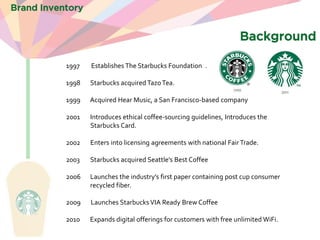 1997 Establishes The Starbucks Foundation . 
1998Starbucks acquired Tazo Tea. 1999 Acquired Hear Music, a San Francisco-based company 
2001 Introduces ethical coffee-sourcing guidelines, Introduces the Starbucks Card. 2002 Enters into licensing agreements with national Fair Trade. 2003 Starbucks acquired Seattle’s Best Coffee 
2006Launches the industry’s first paper containing post cup consumer recycled fiber. 
2009 Launches Starbucks VIA Ready Brew Coffee 2010 Expands digital offerings for customers with free unlimited WiFi. 
Brand Inventory 
Background  