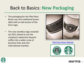 Back to Basics: New Packaging
• The packaging for the Pike Place
  Roast uses the traditional brown
  label with an old version of the
  Siren logo.

• The new wordless logo revealed
  Jan 2011 aimed to suit the
  company’s expansion beyond
  coffee into a wider array of
  business lines and into            Pike Place Roast Website
  international markets.




                                                                20
 