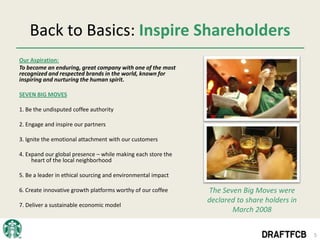 Back to Basics: Inspire Shareholders
Our Aspiration:
To become an enduring, great company with one of the most
recognized and respected brands in the world, known for
inspiring and nurturing the human spirit.

SEVEN BIG MOVES

1. Be the undisputed coffee authority

2. Engage and inspire our partners

3. Ignite the emotional attachment with our customers

4. Expand our global presence – while making each store the
     heart of the local neighborhood

5. Be a leader in ethical sourcing and environmental impact

6. Create innovative growth platforms worthy of our coffee    The Seven Big Moves were
                                                              declared to share holders in
7. Deliver a sustainable economic model
                                                                     March 2008


                                                                                             5
 