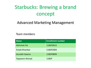 Starbucks: Brewing a brand
         concept
 Advanced Marketing Management

Team members

Name             Enrollment number
Abhishek Pal     11BSP0023
Areeb Khamkar    11BSP2004
Saurabh Saxena   11BSP0899
Taqweem Ahmad    11BSP
 