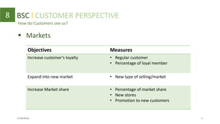 How do Customers see us?
8 BSC l CUSTOMER PERSPECTIVE
 Markets
Objectives Measures
Increase customer’s loyalty • Regular customer
• Percentage of loyal member
Expand into new market • New type of selling/market
Increase Market share • Percentage of market share
• New stores
• Promotion to new customers
17/03/2016 13
 