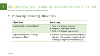 Can we continue to Improve and Create Value?
6
 Improving Operating Efficiencies
Objectives Measures
Employee (Partner) Satisfaction • Rate of employee turnover
• Length of employee tenure
• Rate of employee absenteeism
Empower employees (College
Achievement Plan)
• Number of training sessions completed
• Number of employees completing their
Undergrad degree while in Starbucks
BSC l INNOVATION, LEARNING AND GROWTH PERSPECTIVE
17/03/2016 9
 