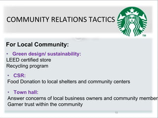 10
COMMUNITY RELATIONS TACTICS
• Green design/ sustainability:
LEED certified store
Recycling program
• CSR:
Food Donation to local shelters and community centers
• Town hall:
Answer concerns of local business owners and community members
Garner trust within the community
For Local Community:
 