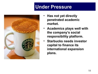 11
Under Pressure
• Has not yet directly
penetrated academic
market.
• Academics plays well with
the company’s social
responsibility platform.
• Starbucks needs investor
capital to finance its
international expansion
plans.
 