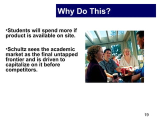 19
Why Do This?
•Students will spend more if
product is available on site.
•Schultz sees the academic
market as the final untapped
frontier and is driven to
capitalize on it before
competitors.
 