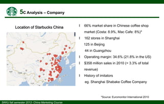 Location of Starbucks China

І

66% market share in Chinese coffee shop
market (Costa: 8.9%, Mac Cafe: 8%)*

І

162 stores in Shanghai
125 in Beijing
44 in Guangzhou

І

Operating margin: 34.6% (21.8% in the US)

І

$358 million sales in 2010 (= 3.3% of total
revenue)

І

History of imitators

eg. Shanghai Shabake Coffee Company

*Source: Euromonitor International 2010

 
