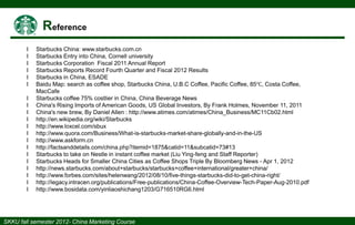 І
І
І
І
І
І
І
І
І
І
І
І
І
І
І
І
І
І
І
І

Starbucks China: www.starbucks.com.cn
Starbucks Entry into China, Cornell university
Starbucks Corporation Fiscal 2011 Annual Report
Starbucks Reports Record Fourth Quarter and Fiscal 2012 Results
Starbucks in China, ESADE
Baidu Map: search as coffee shop, Starbucks China, U.B.C Coffee, Pacific Coffee, 85℃, Costa Coffee,
MacCafe
Starbucks coffee 75% costlier in China, China Beverage News
China's Rising Imports of American Goods, US Global Investors, By Frank Holmes, November 11, 2011
China's new brew, By Daniel Allen : http://www.atimes.com/atimes/China_Business/MC11Cb02.html
http://en.wikipedia.org/wiki/Starbucks
http://www.loxcel.com/sbux
http://www.quora.com/Business/What-is-starbucks-market-share-globally-and-in-the-US
http://www.askform.cn
http://factsanddetails.com/china.php?itemid=1875&catid=11&subcatid=73#13
Starbucks to take on Nestle in instant coffee market (Liu Ying-feng and Staff Reporter)
Starbucks Heads for Smaller China Cities as Coffee Shops Triple By Bloomberg News - Apr 1, 2012
http://news.starbucks.com/about+starbucks/starbucks+coffee+international/greater+china/
http://www.forbes.com/sites/helenwang/2012/08/10/five-things-starbucks-did-to-get-china-right/
http://legacy.intracen.org/publications/Free-publications/China-Coffee-Overview-Tech-Paper-Aug-2010.pdf
http://www.bosidata.com/yinliaoshichang1203/G716510RG6.html

 