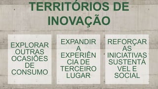 EXPLORAR
OUTRAS
OCASIÕES
DE
CONSUMO
EXPANDIR
A
EXPERIÊN
CIA DE
TERCEIRO
LUGAR
REFORÇAR
AS
INICIATIVAS
SUSTENTÁ
VEL E
SOCIAL
TERRITÓRIOS DE
INOVAÇÃO
 