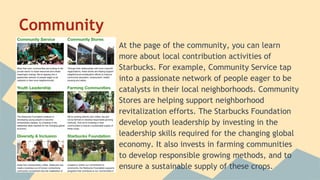 Community
At the page of the community, you can learn
more about local contribution activities of
Starbucks. For example, Community Service tap
into a passionate network of people eager to be
catalysts in their local neighborhoods. Community
Stores are helping support neighborhood
revitalization efforts. The Starbucks Foundation
develop youth leadership by investing in the
leadership skills required for the changing global
economy. It also invests in farming communities
to develop responsible growing methods, and to
ensure a sustainable supply of these crops.

 