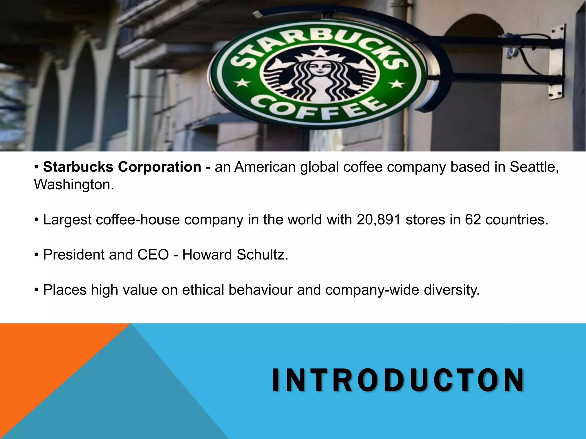 I N T RO DUCTON
• Starbucks Corporation - an American global coffee company based in Seattle,
Washington.
• Largest coffee-house company in the world with 20,891 stores in 62 countries.
• President and CEO - Howard Schultz.
• Places high value on ethical behaviour and company-wide diversity.
 