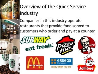 Overview of the Quick Service
Industry
Companies in this industry operate
restaurants that provide food served to
customers who order and pay at a counter.
 
