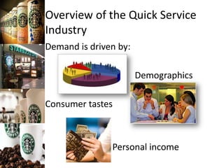 Overview of the Quick Service
Industry
Demand is driven by:
Demographics
Consumer tastes
Personal income
 