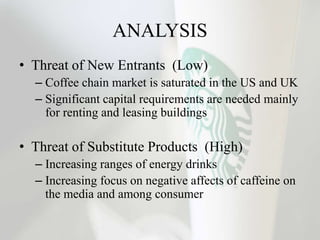 ANALYSIS
• Threat of New Entrants (Low)
– Coffee chain market is saturated in the US and UK
– Significant capital requirements are needed mainly
for renting and leasing buildings
• Threat of Substitute Products (High)
– Increasing ranges of energy drinks
– Increasing focus on negative affects of caffeine on
the media and among consumer
 