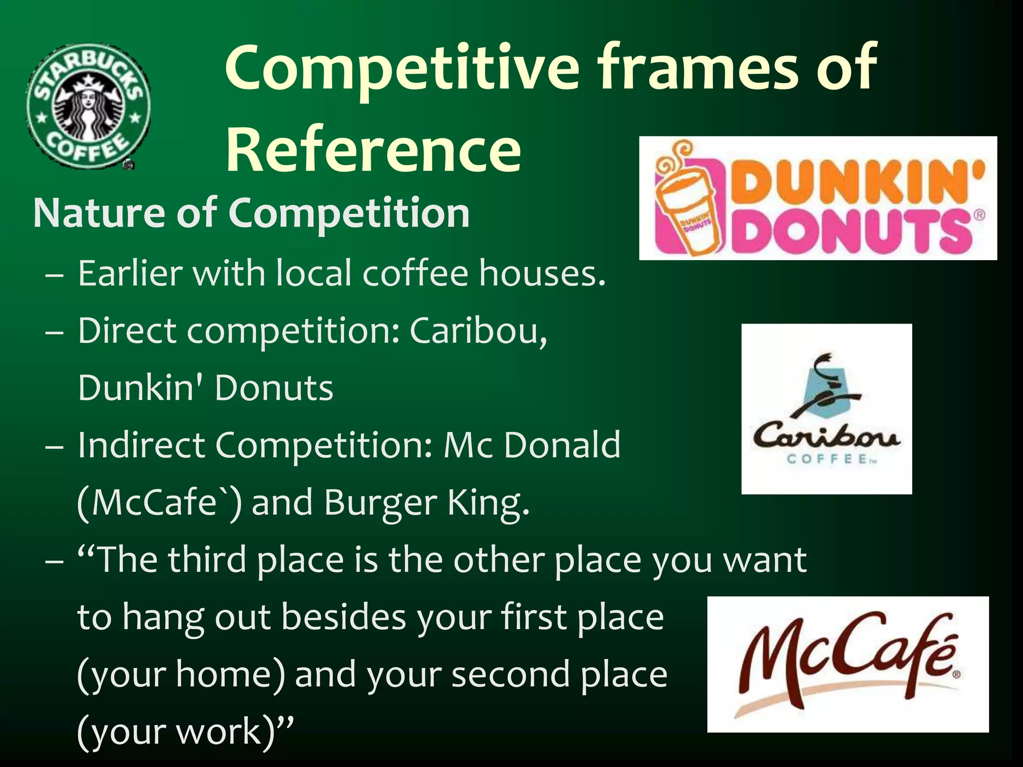 Competitive frames of
          Reference
Nature of Competition
– Earlier with local coffee houses.
– Direct competition: Caribou,
  Dunkin' Donuts
– Indirect Competition: Mc Donald
  (McCafe`) and Burger King.
– “The third place is the other place you want
  to hang out besides your first place
  (your home) and your second place
  (your work)”
 
