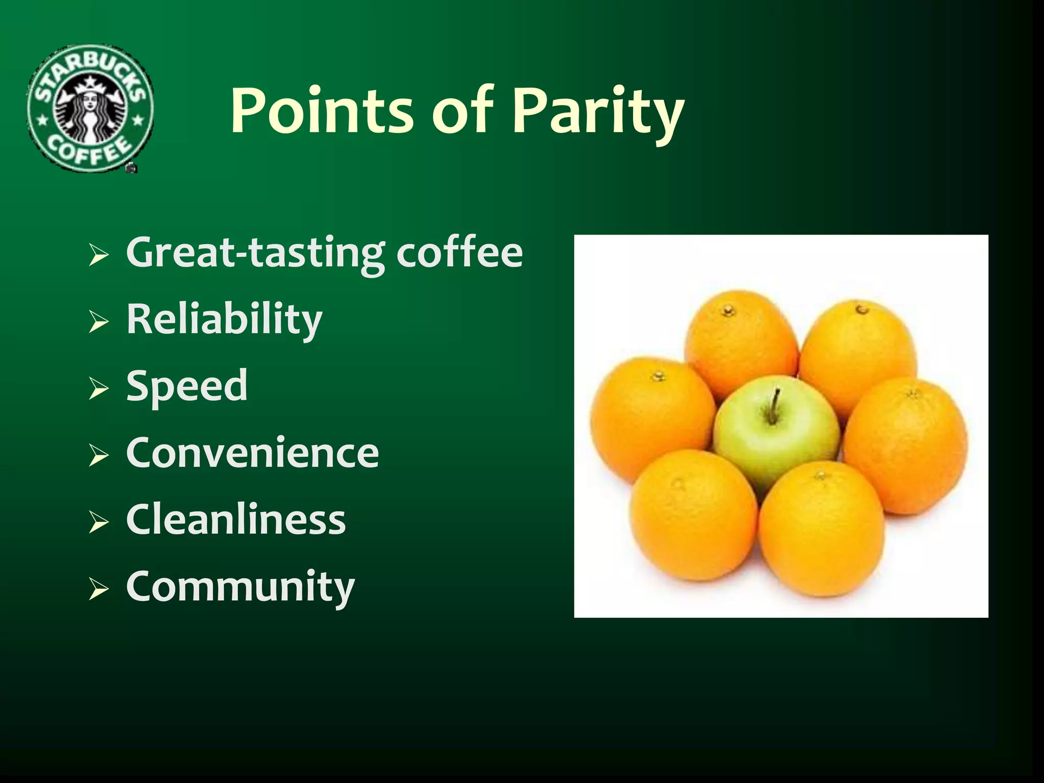 Points of Parity
 Great-tasting coffee
 Reliability

 Speed

 Convenience

 Cleanliness

 Community
 
