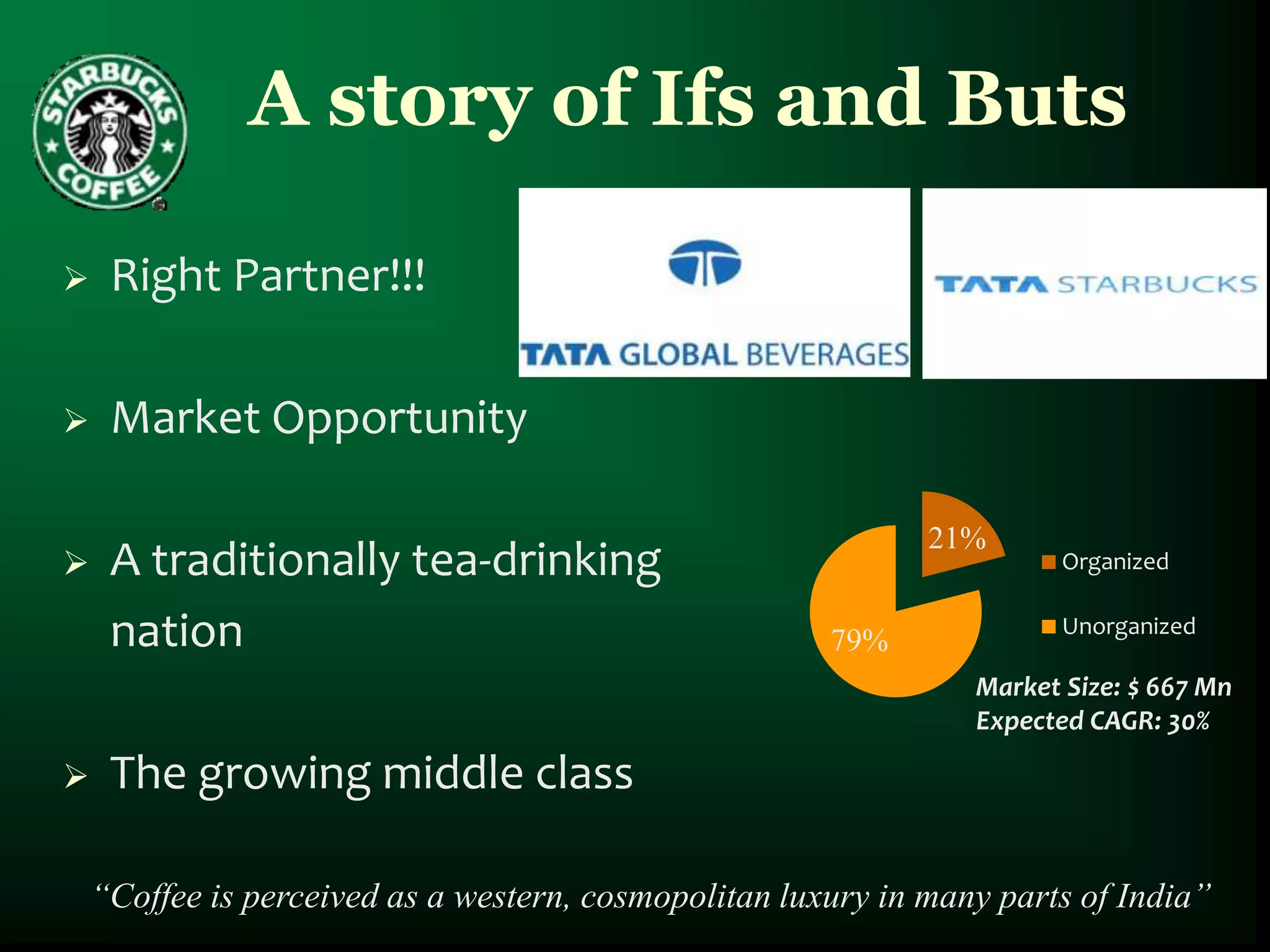 A story of Ifs and Buts

    Right Partner!!!

    Market Opportunity

                                                              21%
    A traditionally tea-drinking                                       Organized


     nation                                            79%
                                                                        Unorganized

                                                                 Market Size: $ 667 Mn
                                                                 Expected CAGR: 30%

    The growing middle class

    “Coffee is perceived as a western, cosmopolitan luxury in many parts of India”
 