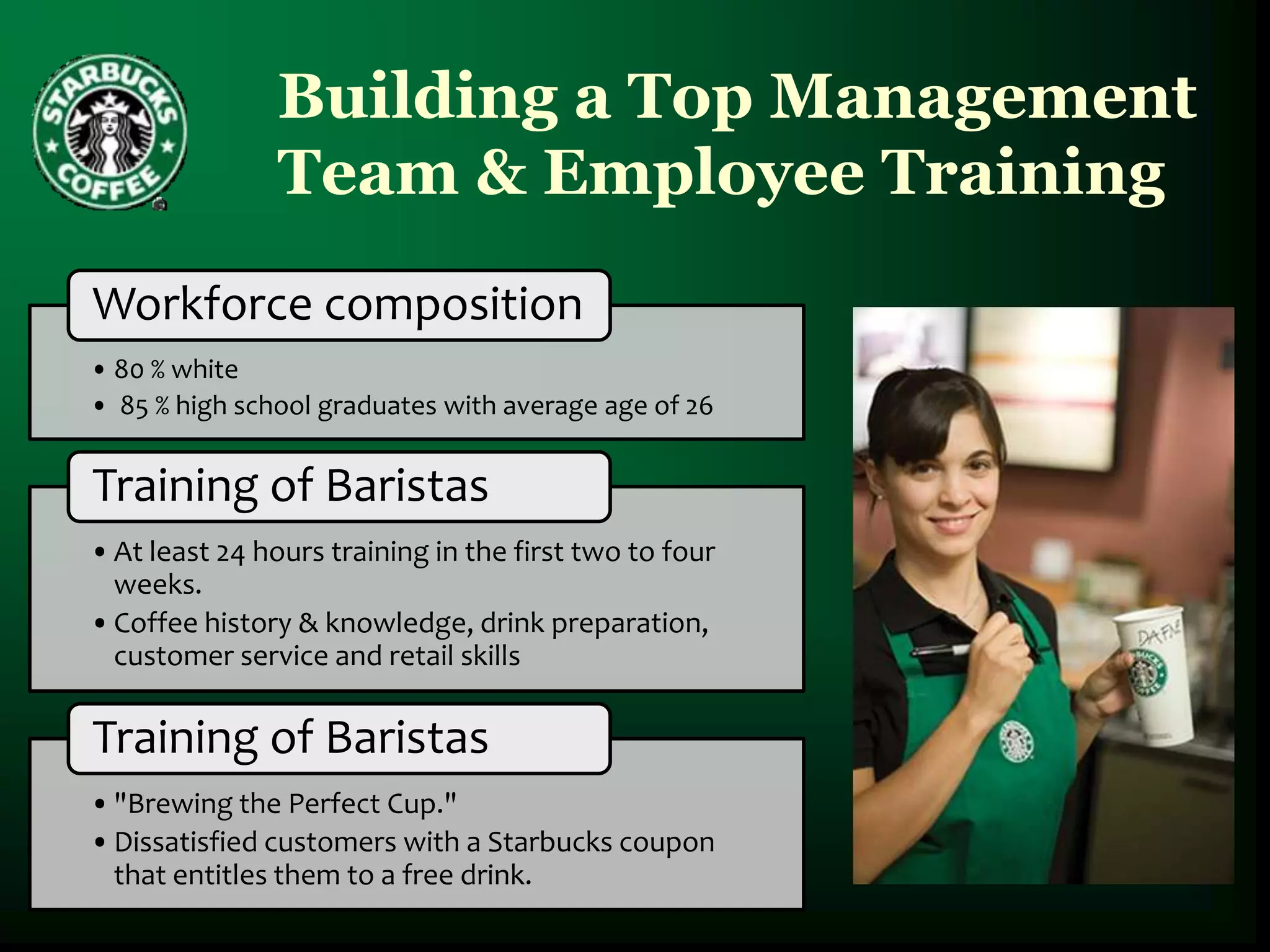 Building a Top Management
               Team & Employee Training
Workforce composition
• 80 % white
• 85 % high school graduates with average age of 26


Training of Baristas
• At least 24 hours training in the first two to four
  weeks.
• Coffee history & knowledge, drink preparation,
  customer service and retail skills

Training of Baristas
• "Brewing the Perfect Cup."
• Dissatisfied customers with a Starbucks coupon
  that entitles them to a free drink.
 