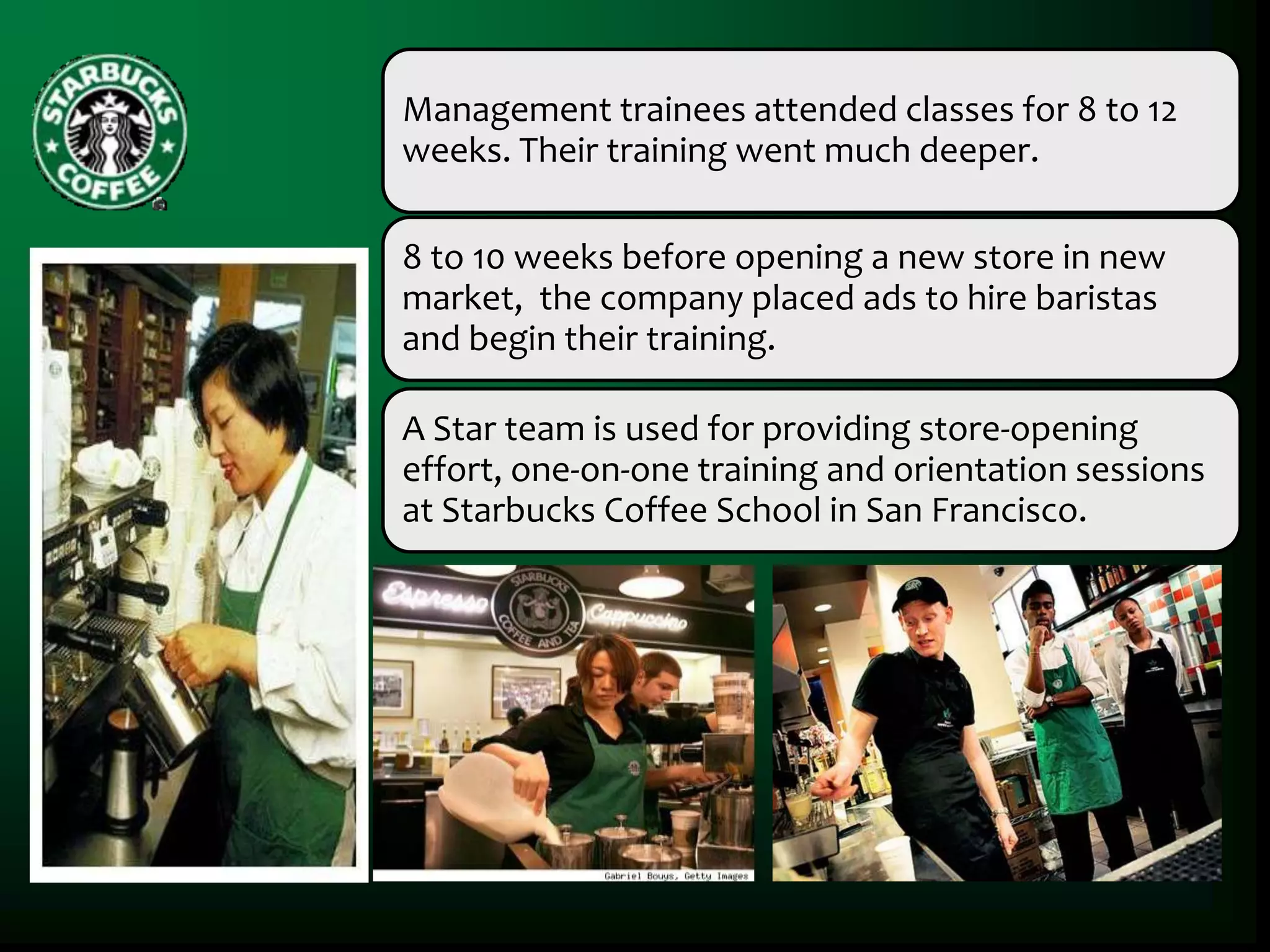 Management trainees attended classes for 8 to 12
weeks. Their training went much deeper.

8 to 10 weeks before opening a new store in new
market, the company placed ads to hire baristas
and begin their training.

A Star team is used for providing store-opening
effort, one-on-one training and orientation sessions
at Starbucks Coffee School in San Francisco.
 