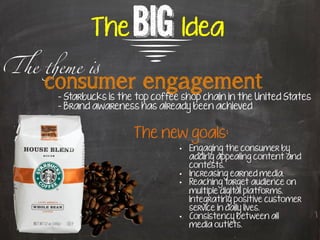 The   BIG Idea
!e "eme #	
                   [
    consumer engagement
     - Starbucks is the top coffee shop chain in the United States
     - Brand awareness has already been achieved


                       The new goals:
                                  •  Engaging the consumer by
                                     adding appealing content and
                                     contests.
                                  •  Increasing earned media.
                                  •  Reaching target audience on
                                     multiple digital platforms.
                                     Integrating positive customer
                                     service in daily lives.
                                  •  Consistency between all
                                     media outlets.
 