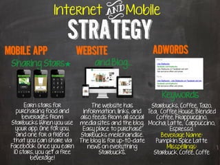 Internet y Mobile

                       STRATEGY
Mobile App                   Website                    Adwords
 Sharing Stars★                   and Blog…



                                                           Keywords
       Earn stars for             The website has       Starbucks, Coffee, Tazo,
   purchasing food and        information, links, and Tea, Coffee House, Blended
      beverages from         also feeds from all social   Coffee, Frappuccino,
 Starbucks when you use      media sites and the blog. Mocha, Latte, Cappuccino,
   your app. One for you,     Easy place to purchase           Espresso.
   and one for a friend      Starbucks merchandise.         Beverage Name:
  that you can share via     The blog is for up-t0-date   Pumpkin Spice Latte
 Facebook. Once you earn        news on everything            Misspellings:
  10 stars, you get a free          Starbucks.           Starbuck, Cofee, Coffe
         beverage!
 