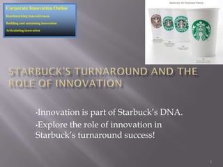 Corporate Innovation Online
Benchmarking innovativeness

Building and sustaining innovation

Articulating innovation




                    •Innovation is part of Starbuck’s DNA.
                    •Explore the role of innovation in
                    Starbuck’s turnaround success!

                                                             1
 