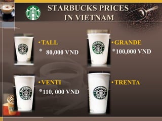 STARBUCKS PRICES
IN VIETNAM
•TALL •GRANDE
100,000 VND
•VENTI
110, 000 VND
•TRENTA
80,000 VND15%
45%
50%
27%
53%
45% 25%
13%
 