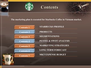 Contents
The marketing plan is executed for Starbucks Coffee in Vietnam market.
Contents 1 STARBUCKS PROFILE
Contents 2
Contents 3
Contents 4
Contents 5
Contents 6
Contents 7
PRODUCTS
SEGMENTATIONS
PESTEL & SWOT ANALYSIS
MARKETING STRATEGIES
LONG TERM FORECAST
MKT EXPENSE BUDGET
 