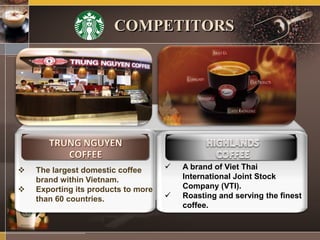  The largest domestic coffee
brand within Vietnam.
 Exporting its products to more
than 60 countries.
 A brand of Viet Thai
International Joint Stock
Company (VTI).
 Roasting and serving the finest
coffee.
COMPETITORS
 