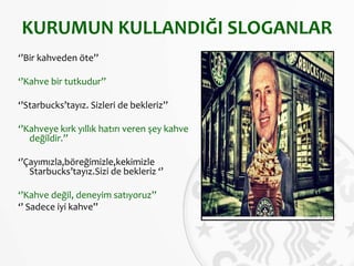KURUMUN KULLANDIĞI SLOGANLAR
‘’Bir kahveden öte’’
‘’Kahve bir tutkudur’’
‘’Starbucks’tayız. Sizleri de bekleriz’’
‘’Kahveye kırk yıllık hatırı veren şey kahve
değildir.’’
‘’Çayımızla,böreğimizle,kekimizle
Starbucks’tayız.Sizi de bekleriz ‘’
‘’Kahve değil, deneyim satıyoruz’’
‘’ Sadece iyi kahve’’
 
