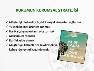 KURUMUN KURUMSAL STRATEJİSİ
 Müşteriyi dinlendirici çekici sosyal atmosfer sağlamak
 Yüksek kaliteli ürünler sunmak
 Harika çalışma ortamı oluşturmak
 Maksimum rahatlık
 Karlılık elde etmek
 Müşteriye kahvelerini sevdirmek ve
kahve deneyimi kazandırmak
 