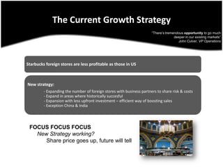 The Current Growth Strategy“There’s tremendous opportunity to go much deeper in our existing markets”John Culver, VP OperationsFOCUS FOCUS FOCUS     New Strategy working?           Share price goes up, future will tell