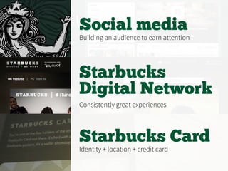 Social media
Building an audience to earn attention
Starbucks
Digital Network
Consistently great experiences
Starbucks Card
Identity + location + credit card
 