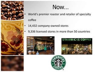 Now…
• World's premier roaster and retailer of specialty
coffee
• 14,432 company-owned stores
• 9,336 licensed stores in more than 50 countries
 