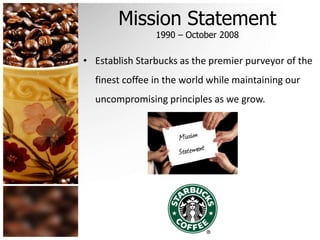Mission Statement
1990 – October 2008
• Establish Starbucks as the premier purveyor of the
finest coffee in the world while maintaining our
uncompromising principles as we grow.
 