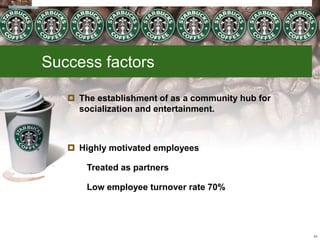 Success factors
 The establishment of as a community hub for
socialization and entertainment.
 Highly motivated employees
Treated as partners
Low employee turnover rate 70%
44
 