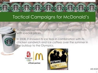 Tactical Campaigns for McDonald‘s

 McDonald‘s promoted its national coffee promotions
  with special prices.

 In 2008, it showed its ice teas in combination with its
  chicken sandwich and ice coffees over the summer in
  the buildup to the Olympics.




                                                            AD AGE
                                                                21
 