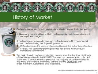 History of Market

 Coffee is the second most commonly traded commodity in the world.

 Unlike many commodities, shifts in coffee supply and demand are not
  prone to price changes

 A coffee tree can provide enough coffee beans to fill a one-pound
  ground coffee during each growing season.
    Coffee beans are the seeds of cherry-sized berried, the fruit of the coffee tree.
    It takes 3 to 5 years after planting a coffee tree before it can produce
     marketable coffee beans.

 The bulk of world coffee production comes from the tropical highlands
  of the Western Hemisphere and in the low, hot areas of Africa and Asia.
  South and Central America produce the majority of coffee traded in
  the world commerce. The world‘s major coffee producers are
  Brazil, Vietnam, Colombia, and Indonesia.

                                                http://www.tradertech.com/information/coffeetrading.asp
                                                                                                     25
 