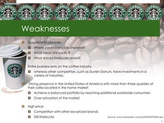 Weaknesses
   Questions to consider:
     Where could Starbucks improve?
     What ideas are badly ?
     What should Starbucks avoid?

   Entire business rests on the coffee industry
     whereas other competitors, such as Dunkin Donuts, have investments in a
      variety of industries.

    Strong presence in the United States of America with more than three quarters of
    their cafes located in the home market
     Achieve a balanced portfolio by reaching additional worldwide consumers
     Over-saturation of the market

   High price
     Competition with other low priced brands
     Still Starbucks                                  Source: www.shahzadtc.com/pdf/SWOTTOWS.doc
                                                                                              36
 