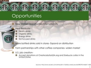 Opportunities
 New Market Opportunities Internationally

 New Products:
      Health drinks
      Organic drinks
      Energy drinks
      Kid focused drinks

 More bottled drinks sold in stores- Expand on distribution

 Form partnerships with other coffee companies- widen market

 U.S. job creation-
    Accept donations at CreateJobsforUSA.org and Starbucks cafes in the
     United States


                            Sources: http://www.reuters.com/article/2011/10/03/us-starbucks-idUSTRE7921M320111003
                                                                                                              38
 