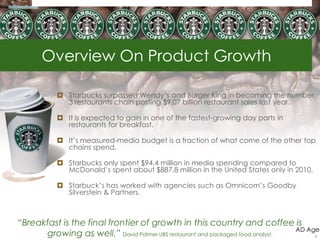 Overview On Product Growth

            Starbucks surpassed Wendy‘s and Burger King in becoming the number
             3 restaurants chain posting $9.07 billion restaurant sales last year.

            It is expected to gain in one of the fastest-growing day parts in
             restaurants for breakfast.

            It‘s measured-media budget is a fraction of what come of the other top
             chains spend.

            Starbucks only spent $94.4 million in media spending compared to
             McDonald‘s spent about $887.8 million in the United States only in 2010.

            Starbuck‘s has worked with agencies such as Omnicom‘s Goodby
             Silverstein & Partners.



“Breakfast is the final frontier of growth in this country and coffee is
                                                                               AD Age
      growing as well.” David Palmer UBS restaurant and packaged food analyst.      4
 