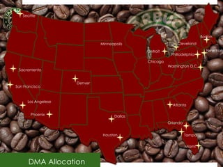 Seattle




                                                                          Boston
                              Minneapolis                   Cleveland

                                              Detroit                        New York
                                                         Philladelphia
                                              Chicago
                                                        Washington D.C.
 Sacramento


                     Denver
San Francisco



      Los Angelese
                                                          Atlanta

       Phoenix                       Dallas
                                                        Orlando


                               Houston                            Tampa


                                                                  Miami



      DMA Allocation                                                               73
 