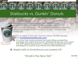 Starbucks vs. Dunkin‘ Donuts

 The taste-test advertisement directed towards
  Starbucks, actually naming the brand in the
  commercial, surveying coffee drinkers. More hardworking
  Americans preferred the taste of Dunkin‘ Donuts over
  Starbucks.

 Within a week of the ad‘s launch about 50,000 people
  visited dunkinbeatsstarbucks.com
   It is a site that communicates the hard-hitting competitive
    message with clarity and humor. Entering this site you can: Learn
    the Truth (presenting Dunkin‘s coffee story) or Spread the Truth
    (sending an e-card to your friends who drink Starbucks)

 Weekly traffic to DunkinDonuts.com jumped 61%


              “Small is the New Tall.”                            AD AGE
                                                                        8
 