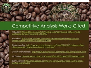 Competitive Analysis Works Cited
AD Age: http://adage.com/article/mediaworks/comparing-coffee-media-
strategies-dunkin-mcdonald-s/134095/

AD Week: http://www.adweek.com/news/advertising-branding/caribou-
coffee-names-cm-new-ad-agency-105166

Corporate Eye: http://www.corporate-eye.com/blog/2011/01/caribou-coffee-
offers-something-extra-in-ambient-advertising/

Dunkin‘ Donuts Press: http://news.dunkindonuts.com/press_kits.cfm?presskit_id=2

McCafee: http://www.mcafee.cc/Classes/BEM106/Papers/2008/Starbucks.pdf

SEO Analysis: http://sites.google.com/site/seoanalysisnow/case-study-caribou-
coffee-vs-starbucks
                                                                                  97
 