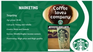 marketing
Targeting
Age group: 18-40
Lifecycle: Young and Adults
Gender: Male and Female
Income: Middle/higher income earners
Positioning: High price and High quality
 