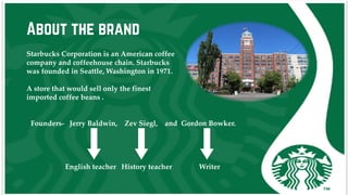 About the brand
Starbucks Corporation is an American coffee
company and coffeehouse chain. Starbucks
was founded in Seattle, Washington in 1971.
A store that would sell only the finest
imported coffee beans .
Founders- Jerry Baldwin, Zev Siegl, and Gordon Bowker.
English teacher History teacher Writer
 
